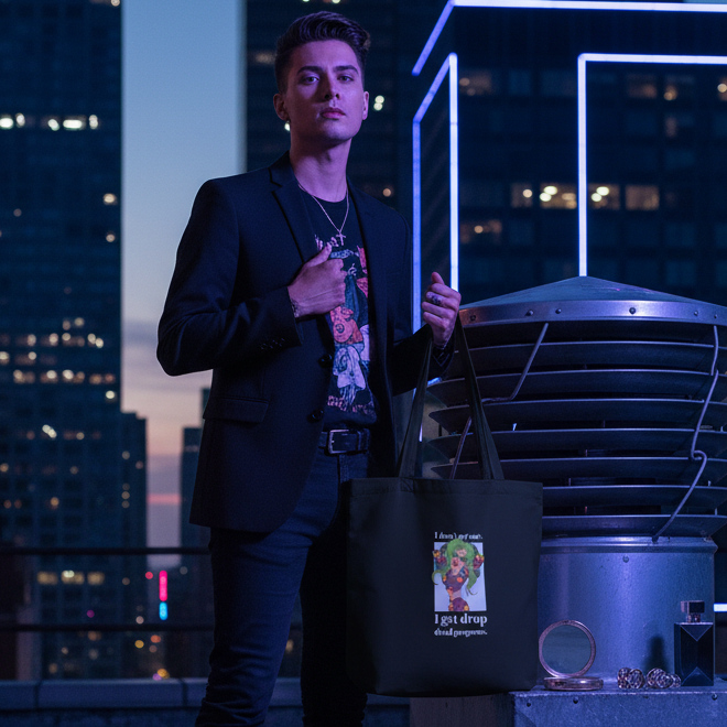 Young man on a city rooftop at dusk, confidently holding the I Get Drop Dead Gorgeous Eco Tote Bag, featuring a colorful illustration. This organic cotton bag embodies eco-consciousness and queer pride, perfect for self-expression.