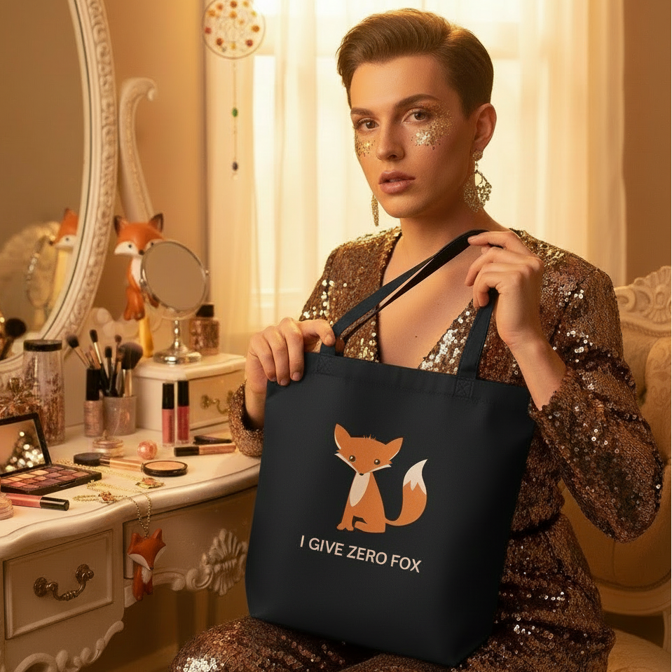 Person wearing a sequined dress holds the I Give Zero Fox Eco Tote Bag, featuring a playful fox design. Vanity adorned with makeup and fox motifs enhances the bag's vibrant, eco-conscious charm.