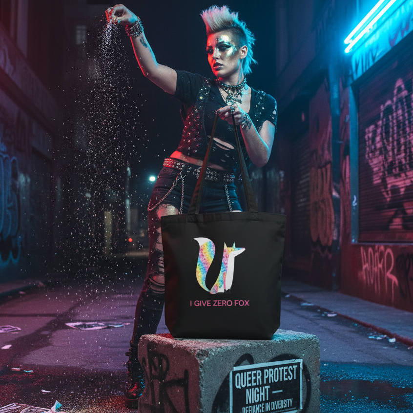 Punk-styled individual holds the I Give Zero Fox Glitter Eco Tote Bag, showcasing its bold fox graphic and slogan, amidst a vibrant, gritty alley scene celebrating queer pride and self-expression.