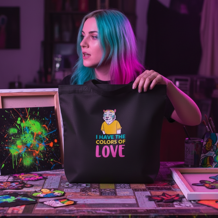 A person with vibrant hair showcases the I Have The Colors Of Love Eco Tote Bag, featuring a stylized tiger and bold slogan, amidst a creative studio setting filled with neon-painted art supplies.