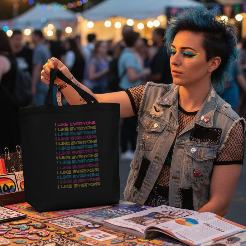 Person with vibrant style holds the I Like Everyone Eco Tote Bag with rainbow text. Surrounded by colorful pins and stickers at an outdoor market, embodying prideful self-expression and eco-consciousness.