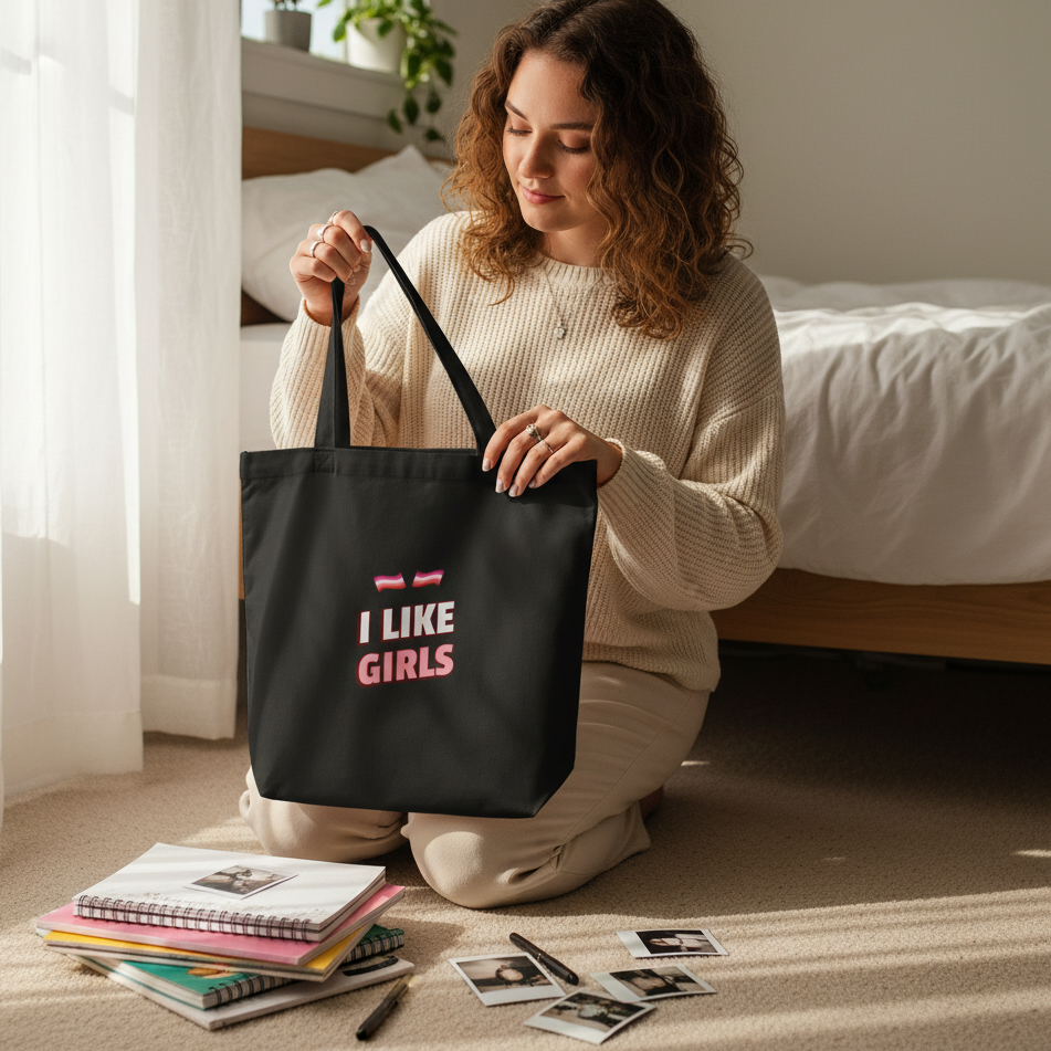 Young woman proudly displays the I Like Girls Eco Tote Bag, featuring bold typography and pride flag motifs. Surrounded by creative supplies, this organic cotton tote embodies empowerment and joyful queer self-expression.