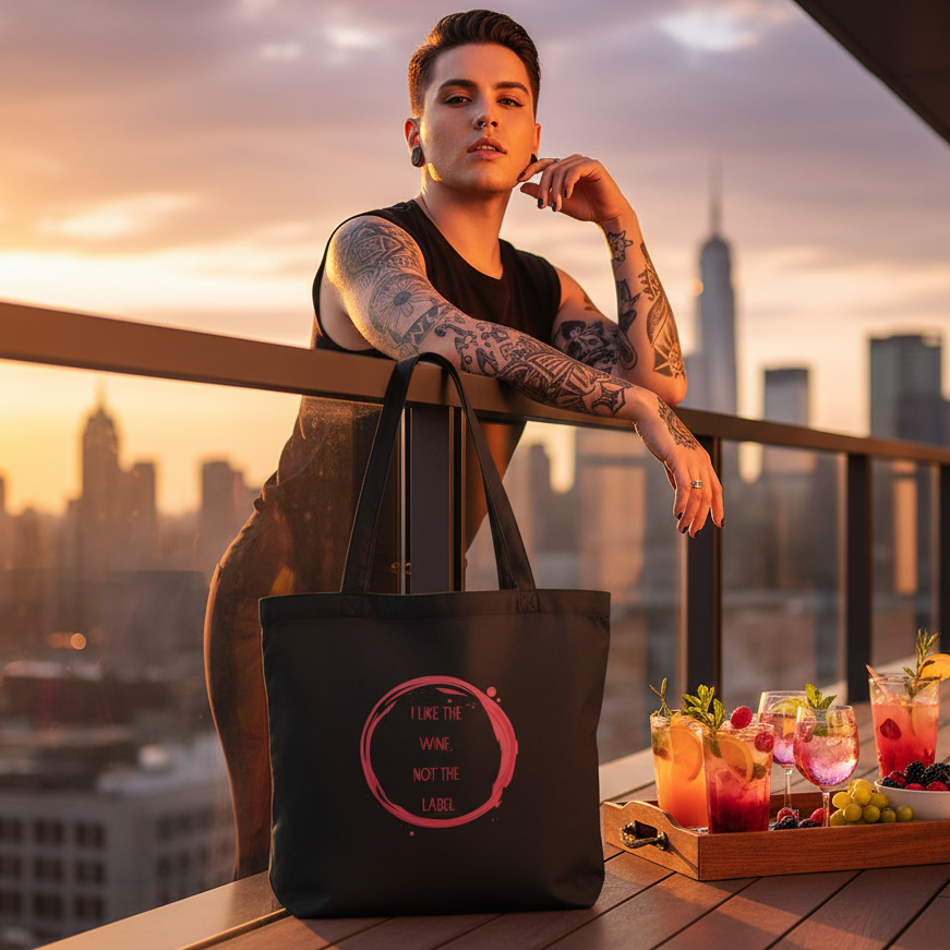 Black tote bag reading “I LIKE THE WINE, NOT THE LABEL” on a sunset rooftop