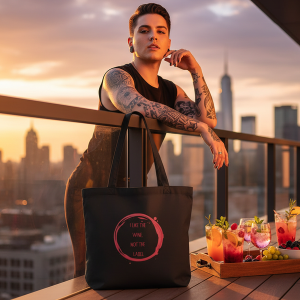Black tote bag reading “I LIKE THE WINE, NOT THE LABEL” on a sunset rooftop