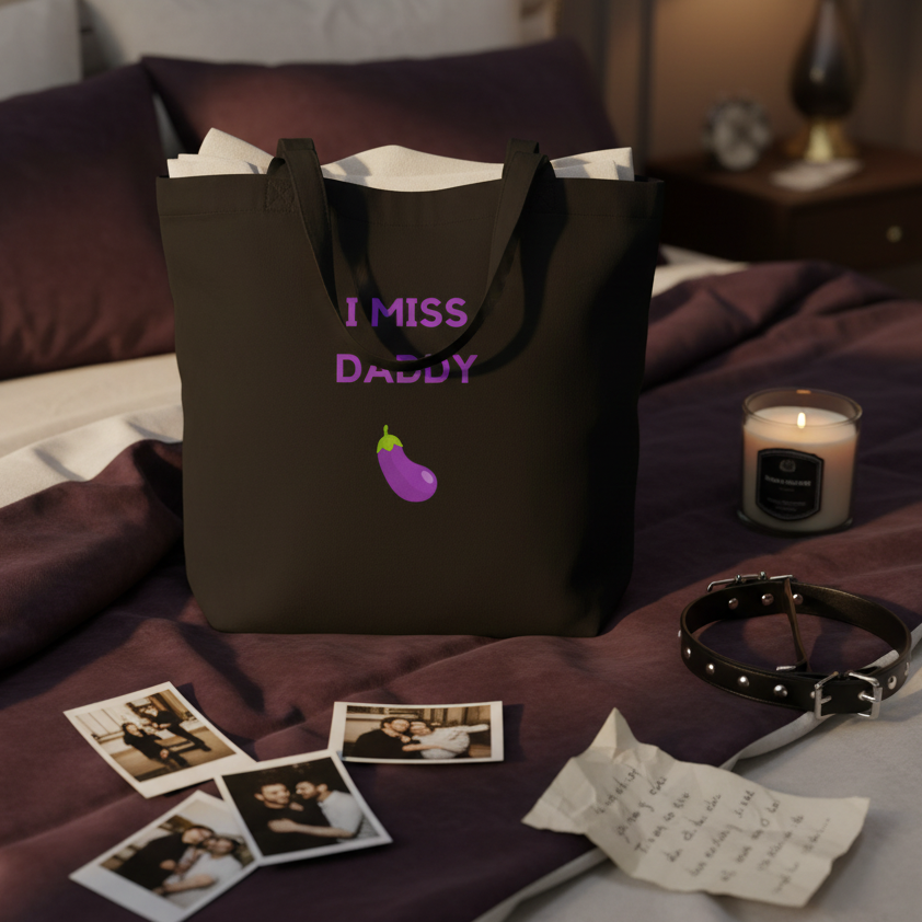 Black I Miss Daddy Eco Tote Bag on plum bedding with purple text and eggplant icon. Contains white fabric. Nearby, instant photos, a handwritten note, and a black leather belt.