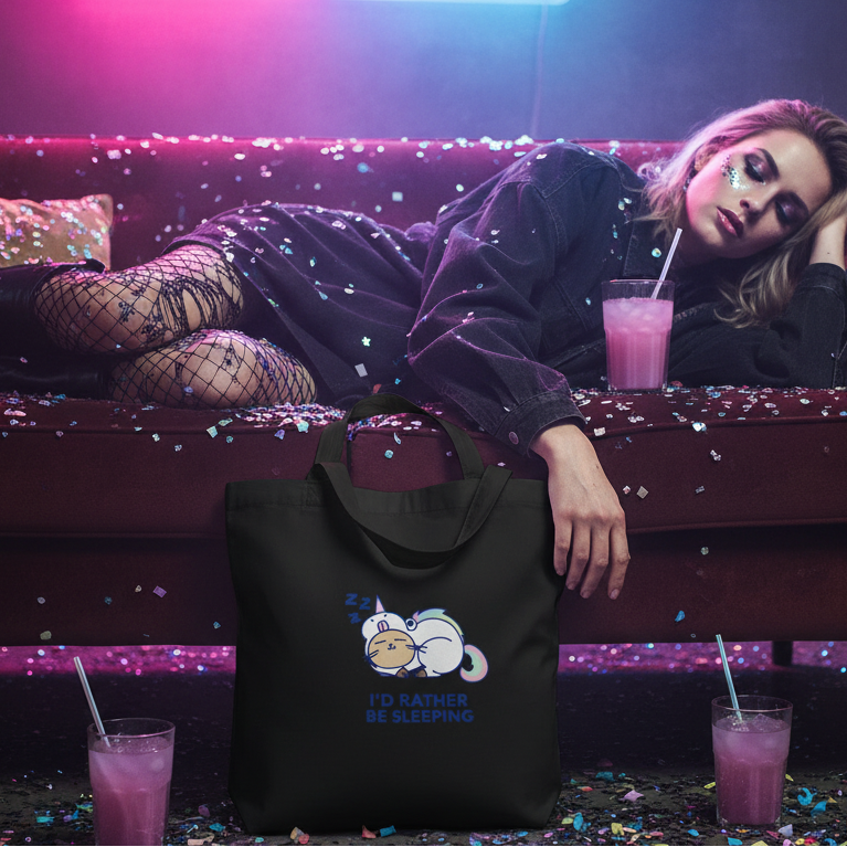 The I'd Rather Be Sleeping Eco Tote Bag with a cartoon kitty and slogan rests on a burgundy sofa amid a vibrant party scene, showcasing its spacious, eco-friendly design perfect for expressing queer pride and style.
