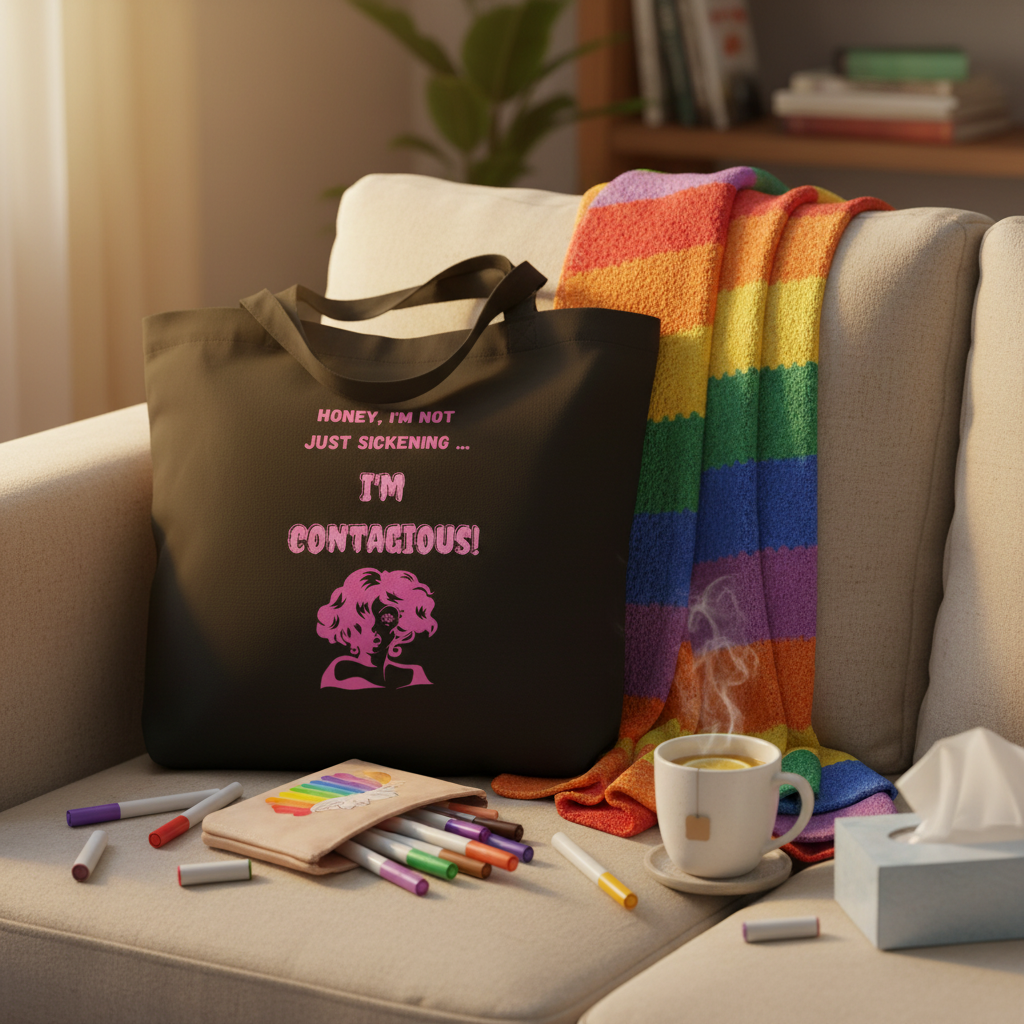 I'm Contagious Eco Tote Bag draped on a sofa, showcasing bold pink text and a stylized face. Accompanied by a rainbow throw, it's a chic, eco-friendly statement of queer pride and empowerment.