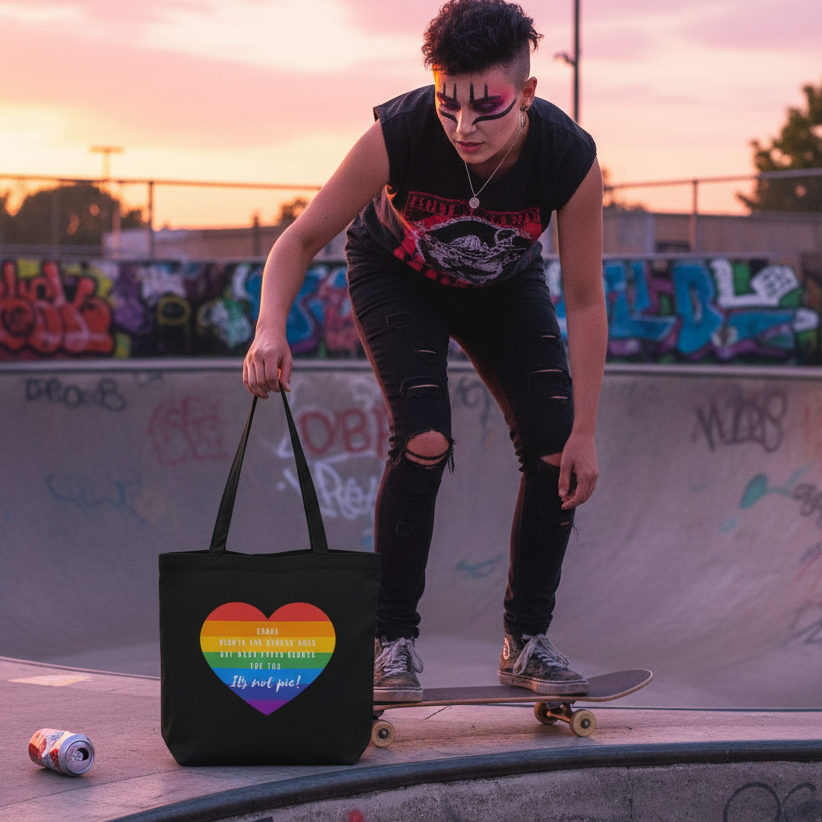 A skateboarder flaunts the It's Not Pie Eco Tote Bag, adorned with a rainbow heart and slogan, showcasing queer pride and eco-conscious style amid a vibrant skate park setting at sunset.