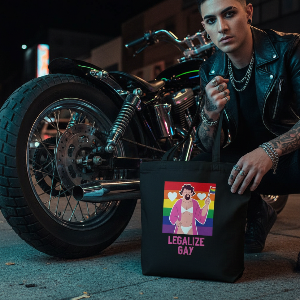 Young person crouching next to a motorcycle, showcasing the Legalize Gay Eco Tote Bag with a bold design of a figure in underwear and pink jacket. Celebrating LGBTQIA+ pride with style and eco-consciousness.