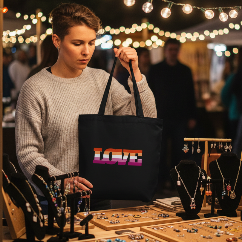 Person browsing a craft fair stall, holding the Lesbian Love Eco Tote Bag with LOVE in rainbow stripes, surrounded by jewelry displays. The tote is organic cotton, spacious, and promotes eco-friendly, prideful expression.