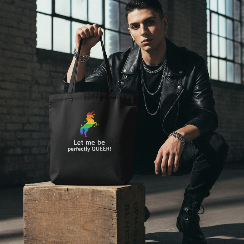 Person in black leather jacket crouches beside a wooden crate, holding the Let Me Be Perfectly Queer Eco Tote Bag with a rainbow unicorn and slogan, embodying pride and eco-conscious self-expression.