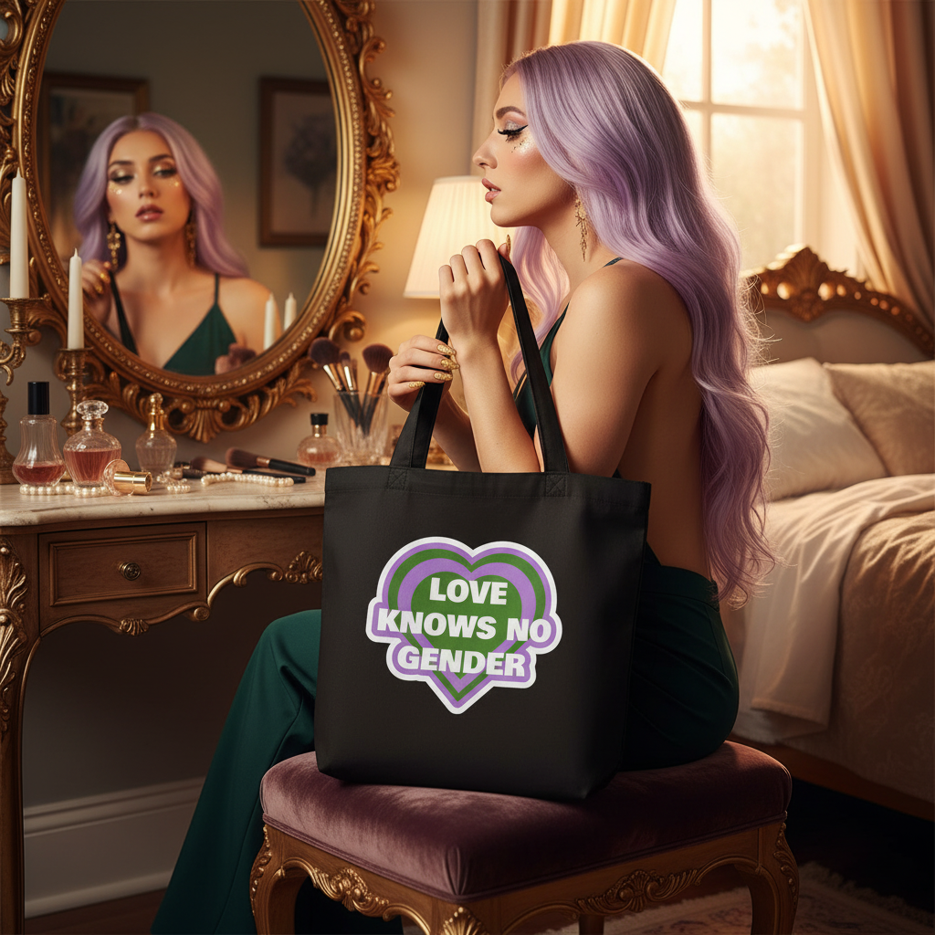 A woman in a dark-green gown holds the Love Knows No Gender Genderqueer Eco Tote Bag, featuring a green-and-purple heart logo, embodying pride and eco-consciousness in a vintage-inspired dressing area.