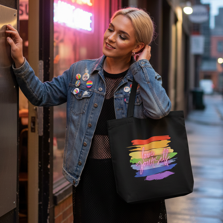 Young person in a denim jacket with rainbow pins leans casually, showcasing the Love Yourself! Eco Tote Bag with a vibrant rainbow brush-stroke design, exuding pride, self-expression, and eco-conscious style.