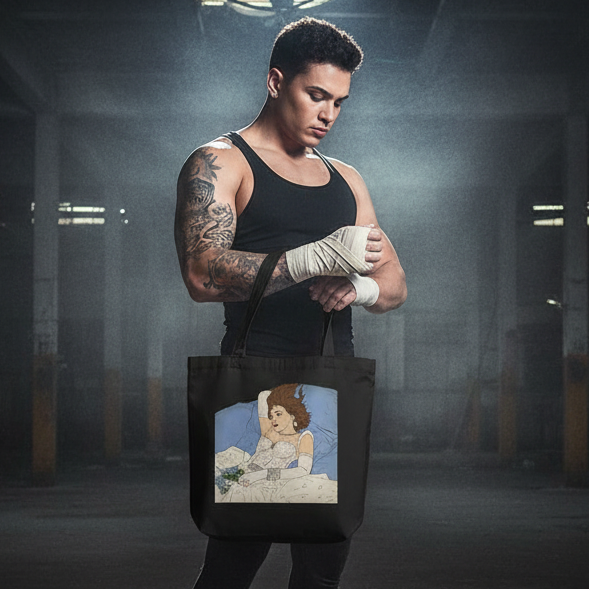 Tattooed person in a black tank top holds a black tote with a reclining person illustration