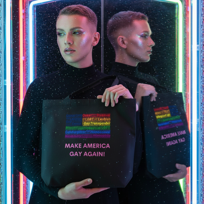 Person with glittery makeup holds the Make America Gay Again! Eco Tote Bag, featuring a rainbow-colored LGBTQ+ word cloud. The tote, made of organic cotton, embodies pride, empowerment, and eco-conscious fashion.