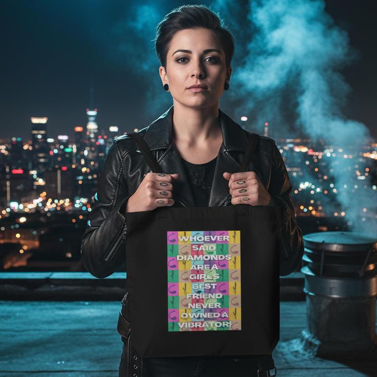 Person on a rooftop at night holds the Never Owned A Vibrator Eco Tote Bag, featuring a bold, colorful message. The black leather jacket and city skyline enhance its empowering, queer-pride statement.