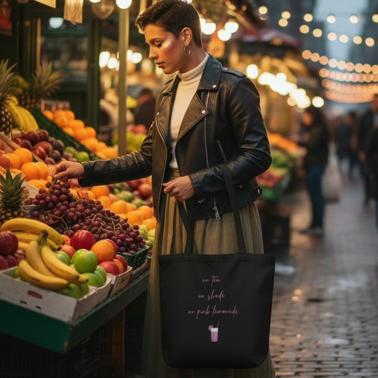 A shopper proudly displays the No Tea No Shade No Pink Lemonade Eco Tote Bag at a vibrant street market, embodying queer pride and eco-consciousness with its bold, empowering design in organic cotton.
