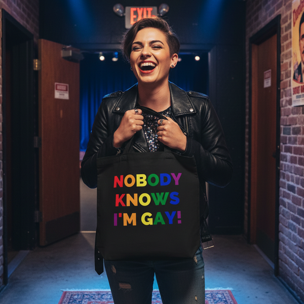 Smiling person holds a black tote reading “NOBODY KNOWS I'M GAY!” in a backstage hallway