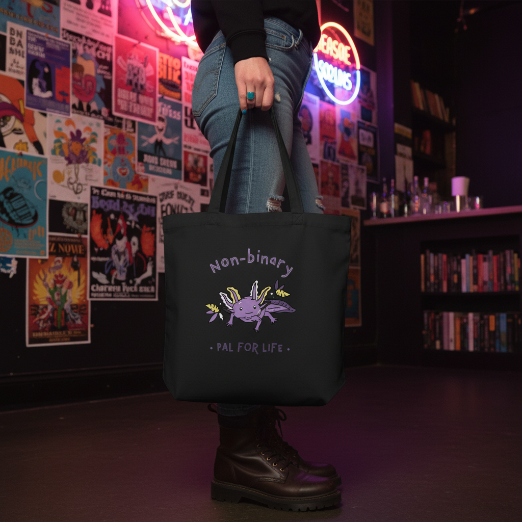 Non-Binary Pal For Life Eco Tote, black with a purple cartoon critter and text, held by someone in jeans and boots indoors, neon glow.