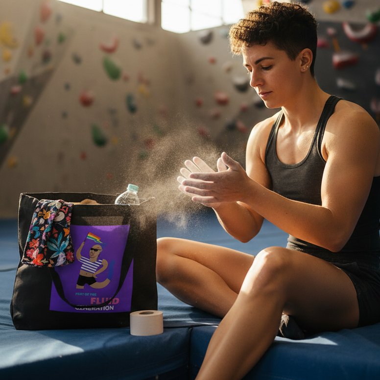 Athletic woman chalking hands beside her vibrant Part Of The Fluid Generation Eco Tote Bag featuring a stylized figure, embodying queer pride and eco-conscious living in a dynamic bouldering gym setting.