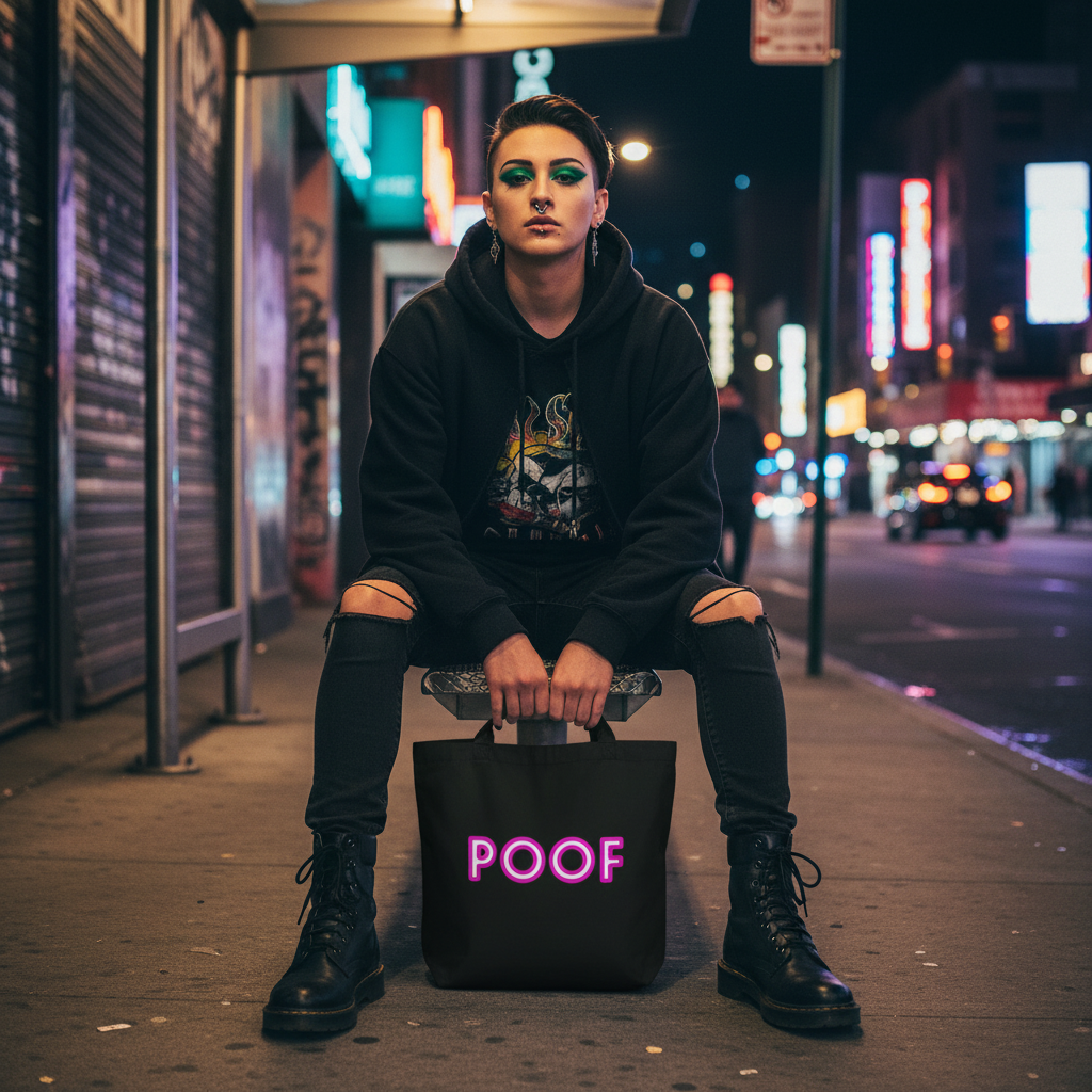 Young person on city sidewalk holds the Poof Eco Tote Bag, an organic cotton tote with “POOF” in pink, reflecting urban pride. It pairs perfectly with their edgy, confident street style.