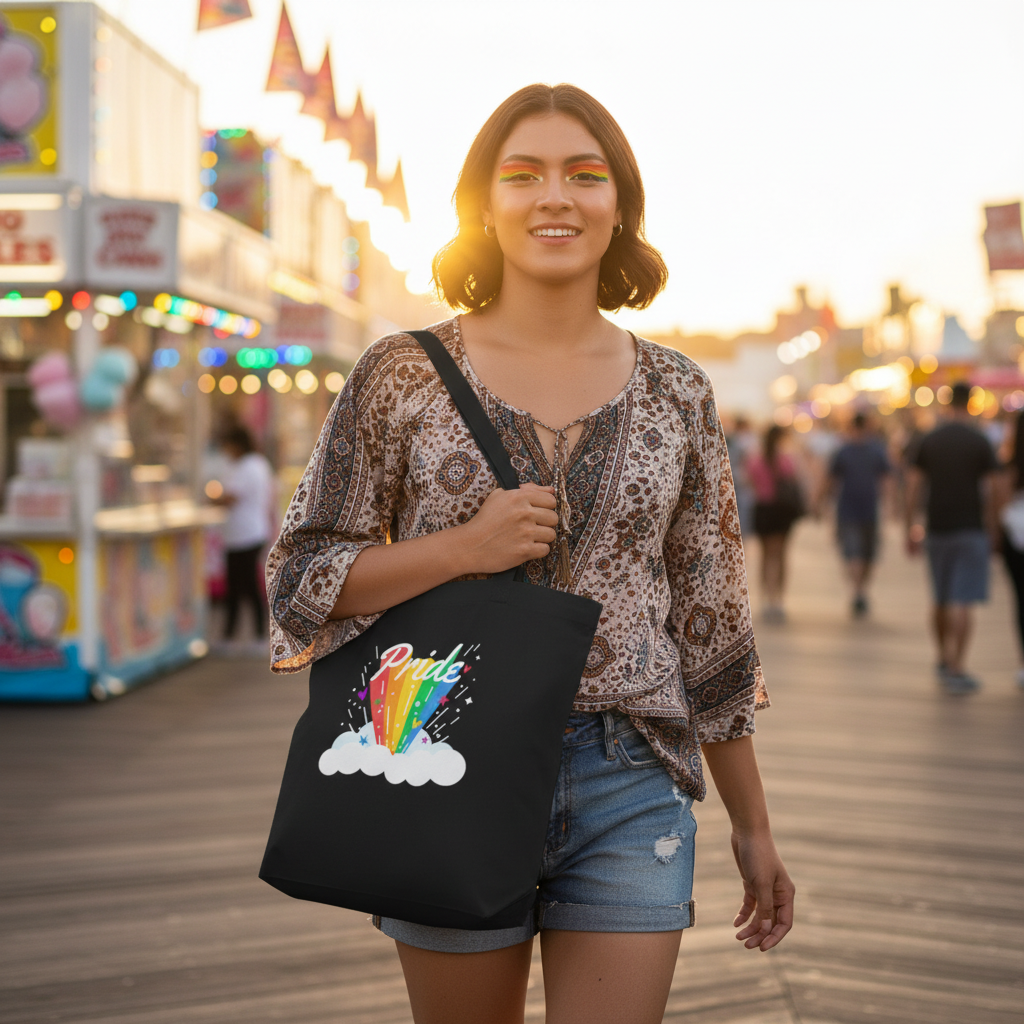 A young person carries the Pride Rainbow Eco Tote Bag, showcasing a vivid rainbow and cloud design. The eco-friendly, organic cotton tote complements their vibrant look, embodying queer pride and self-expression.