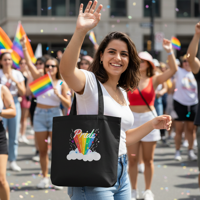 Pride Rainbow Eco Tote Bag with rainbow and "Pride" text, held by a woman waving at a parade; crowd holds rainbow flags, confetti falls.