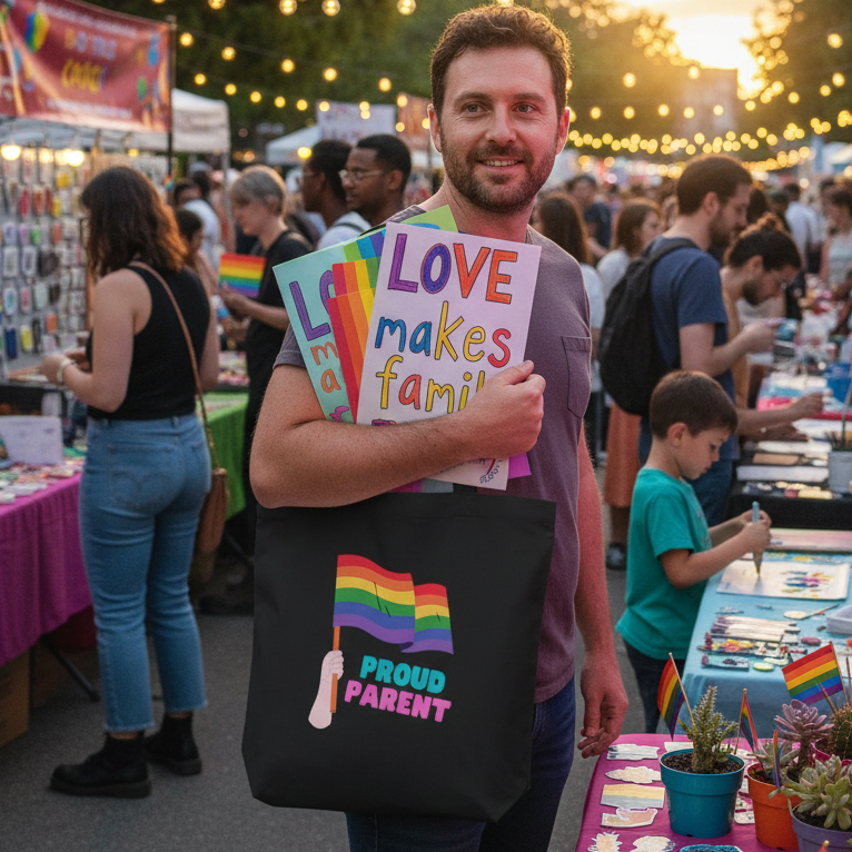Proud Parent Eco Tote Bag prominently displayed at a vibrant street festival, carried by a smiling individual. The tote bag features a rainbow flag and “PROUD PARENT” design, celebrating LGBTQIA+ pride and eco-consciousness.