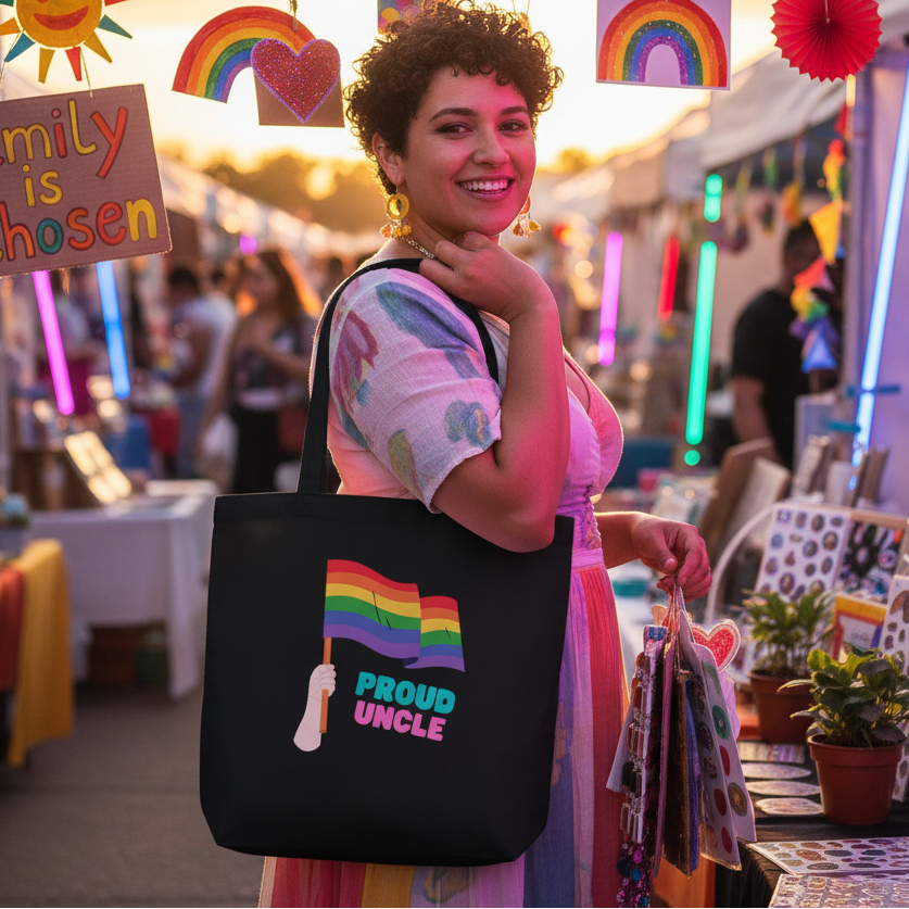 Person at outdoor market holding 'Proud Uncle Eco Tote Bag', featuring a hand waving a rainbow pride flag. The festive scene highlights LGBTQIA+ pride with vibrant, inclusive decorations, embodying empowerment and self-expression.