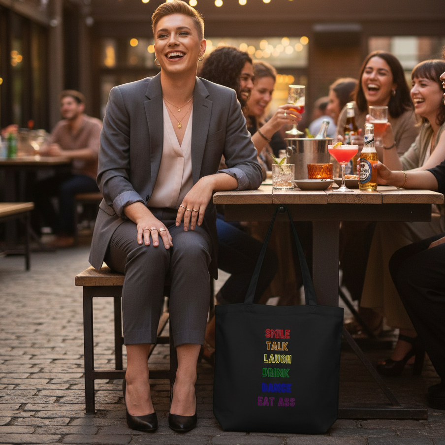 A joyful outdoor gathering showcases the Smile, Talk, Laugh, Drink, Dance, Eat Ass Eco Tote Bag, celebrating queer pride and self-expression with its vibrant message, perfect for stylish, eco-conscious living.
