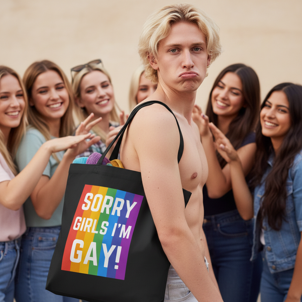 Sorry Girls I’m Gay! Eco Tote Bag" with a rainbow backdrop, held by a shirtless blond man outdoors, surrounded by queer-joyful women.