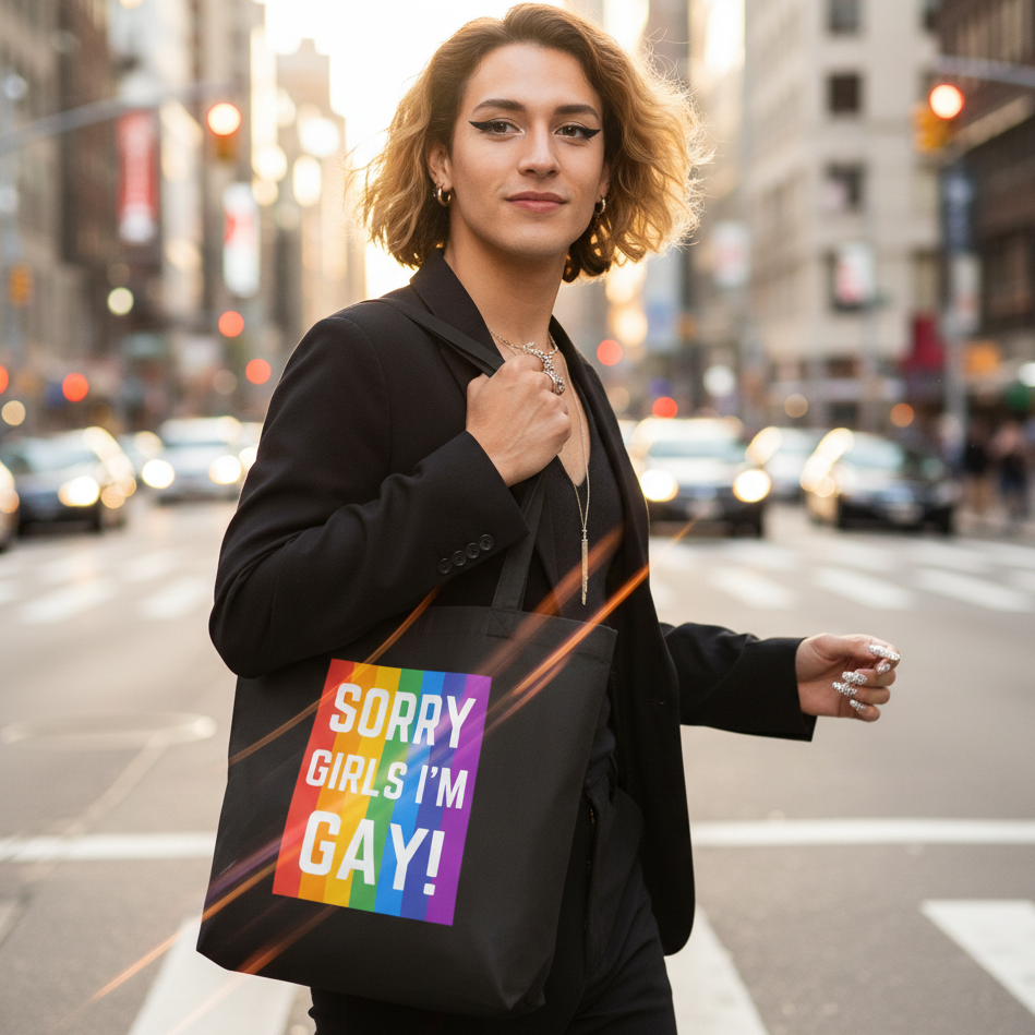 Person crossing a street at dusk, showcasing a Sorry Girls I'm Gay! Eco Tote Bag with a vibrant rainbow stripe. The organic cotton tote promotes pride, self-expression, and eco-consciousness.