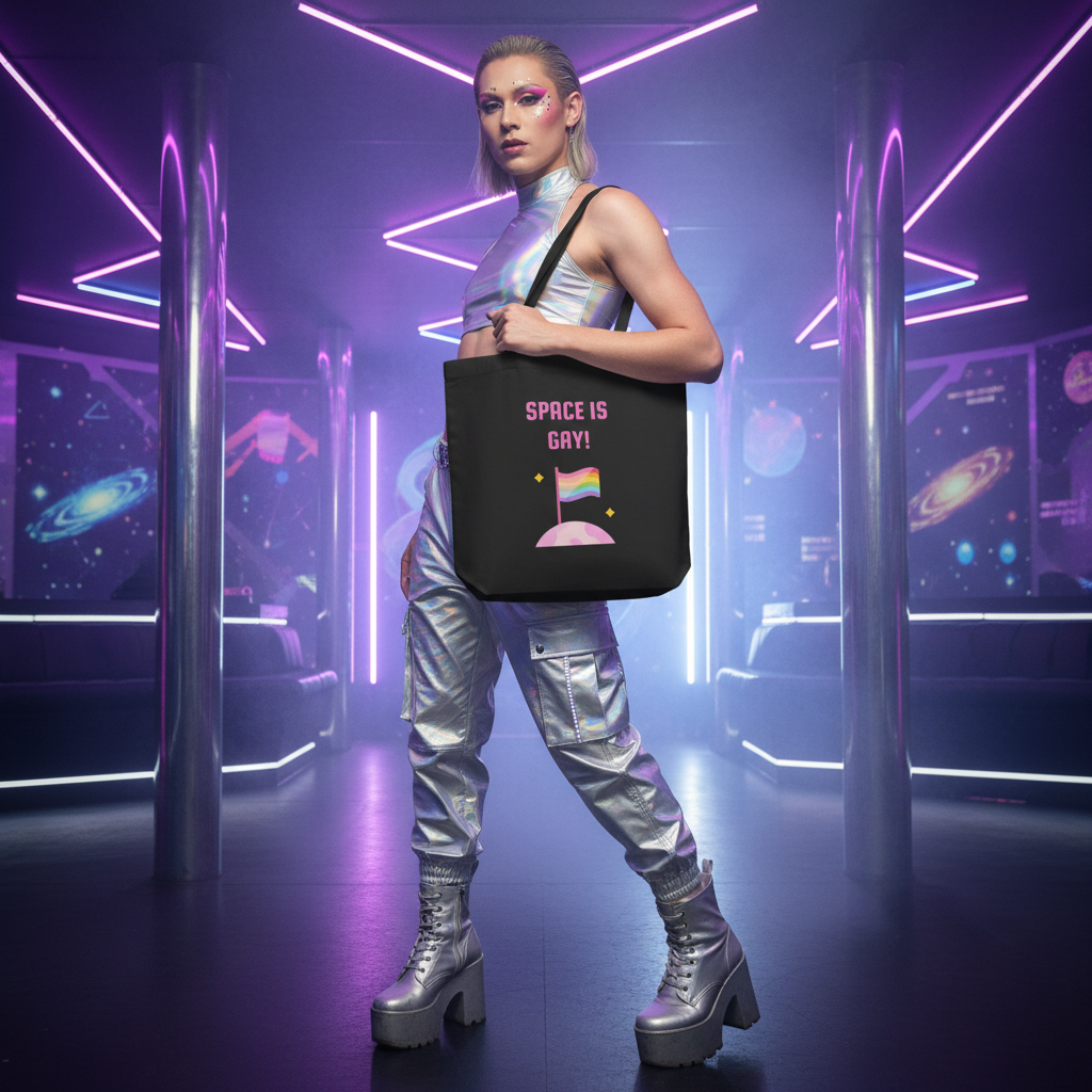 Space Is Gay Eco Tote Bag with rainbow planet and "SPACE IS GAY!" slogan, held by a silver-clad queer in galactic neon light.