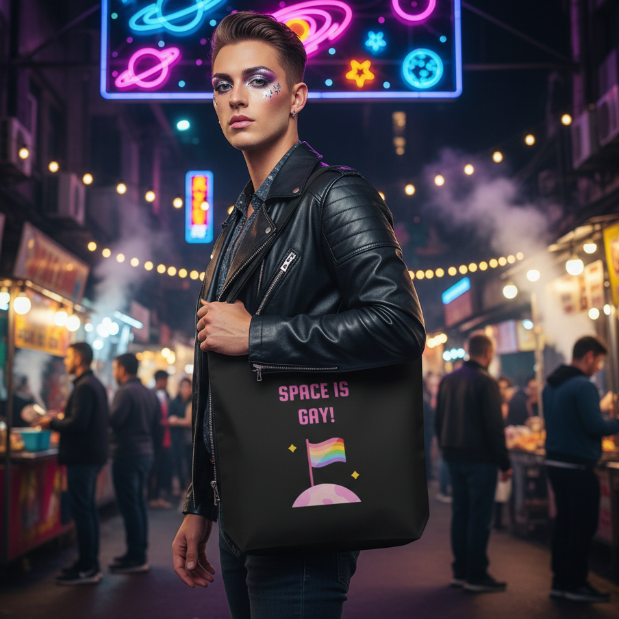 Space Is Gay Eco Tote Bag carried by a stylish individual in a vibrant night market. The black tote features a moon, pride flag, and empowering text, embodying queer pride and eco-consciousness.