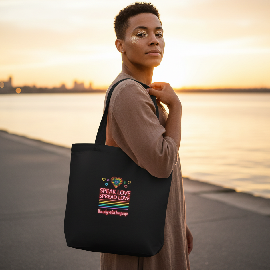 Person modeling a black tote bag with a heart graphic and “SPEAK LOVE SPREAD LOVE” text