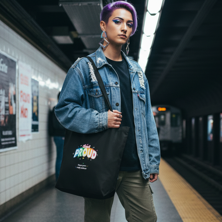 A person stands confidently, showcasing the Stand Proud Eco Tote Bag with PROUD in rainbow letters, epitomizing queer empowerment and self-expression. This organic cotton bag complements their edgy, bold style.