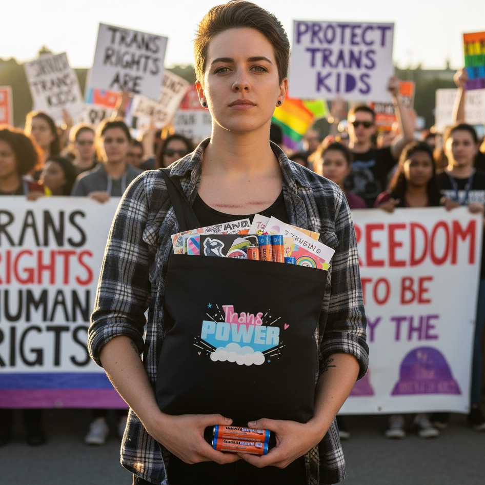 Stand Proud Trans Power Eco Tote Bag slung over the shoulder of a young person at a transgender-rights rally, showcasing empowerment and pride with room for essentials, supporting visibility and self-expression.