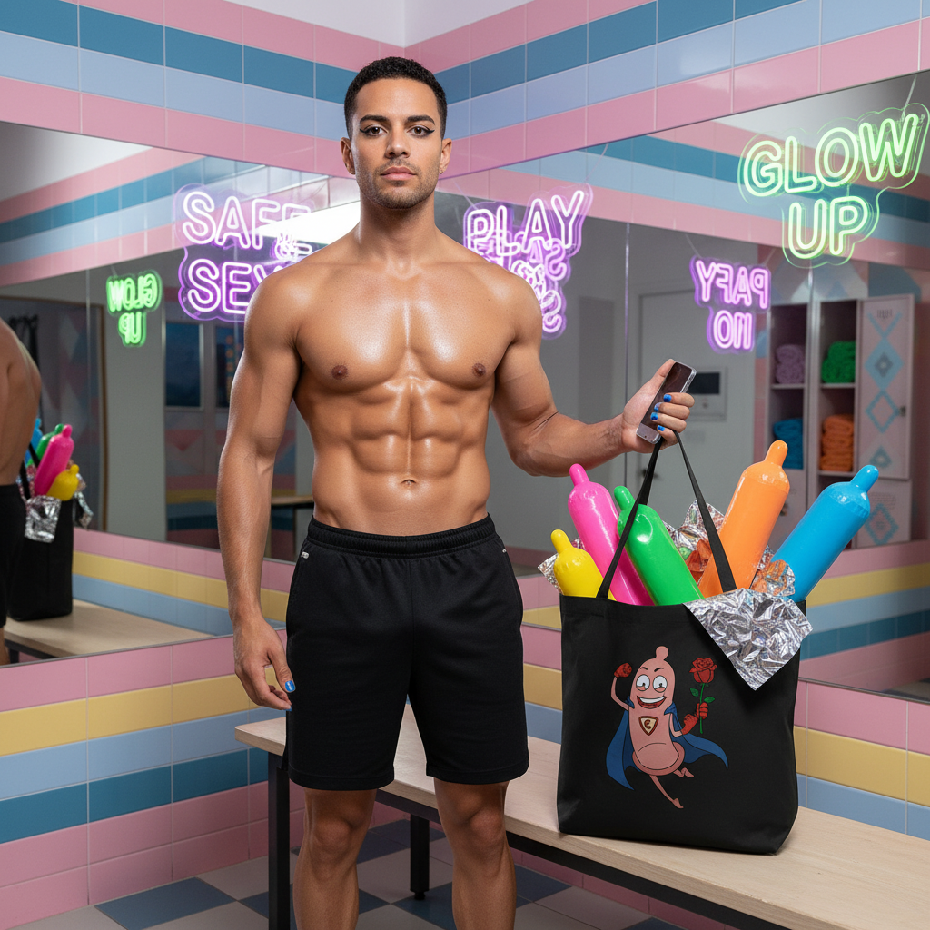 Super Condom Eco Tote Bag packed with colorful balloons, held by a muscular guy in black shorts in neon lights; "SAFE SEX" and "GLOW UP" signs glow nearby, mirrored for extra queer flair.