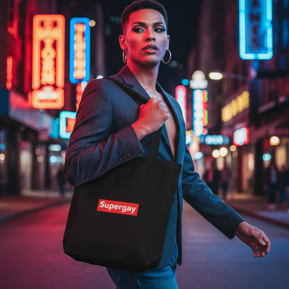 A person confidently struts down a neon-lit street, showcasing the Supergay Eco Tote Bag. The bold, red-stamped design on organic cotton celebrates queer pride and eco-conscious style, radiating empowerment and self-expression.