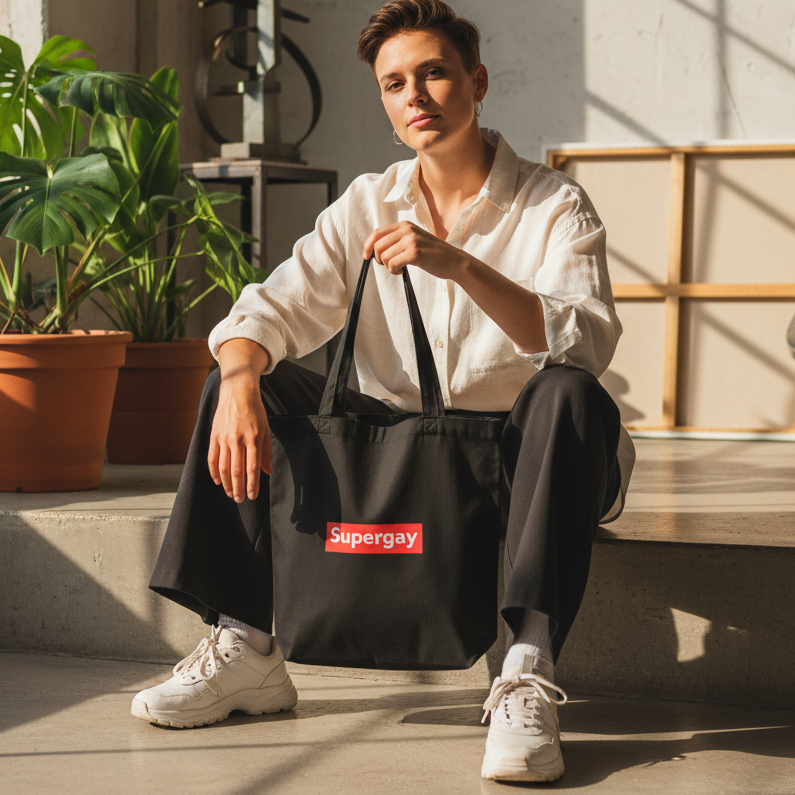Supergay Eco Tote Bag with a bold red label, held by a short-haired cutie in white shirt and black pants, chillin’ in sunlight.