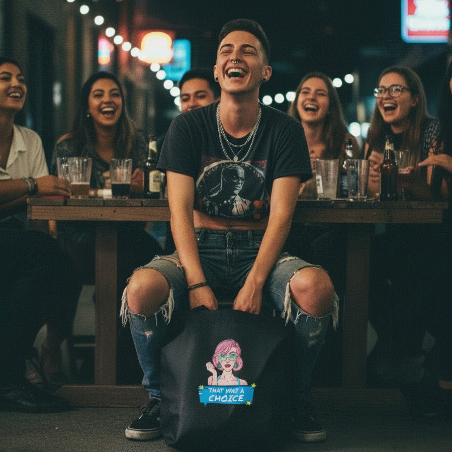 Young adults enjoy a lively night outdoors, with one displaying a 'That Was A Choice Eco Tote Bag' featuring a pink-haired woman in sunglasses. The tote embodies vibrant queer pride and eco-conscious style.