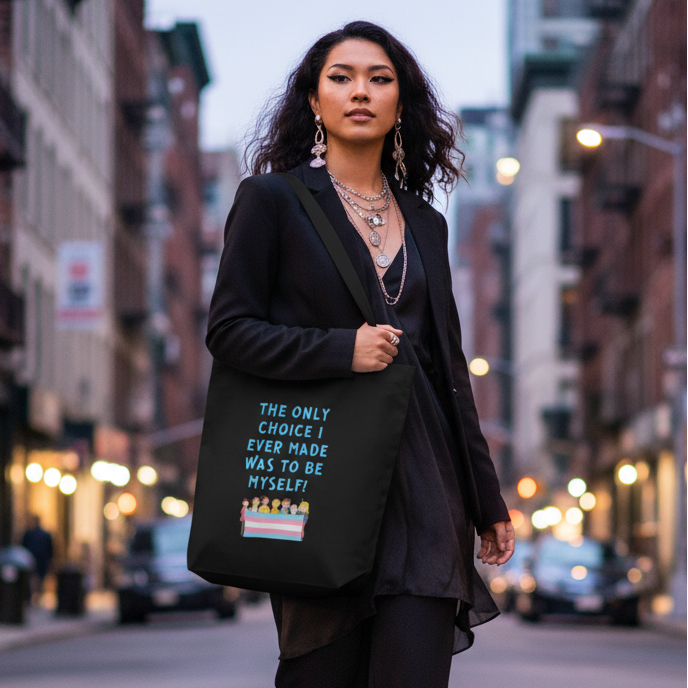 A person confidently struts with The Only Choice I Ever Made Eco Tote Bag, featuring bold lettering and diverse cartoon characters, capturing pride and self-expression in organic cotton.