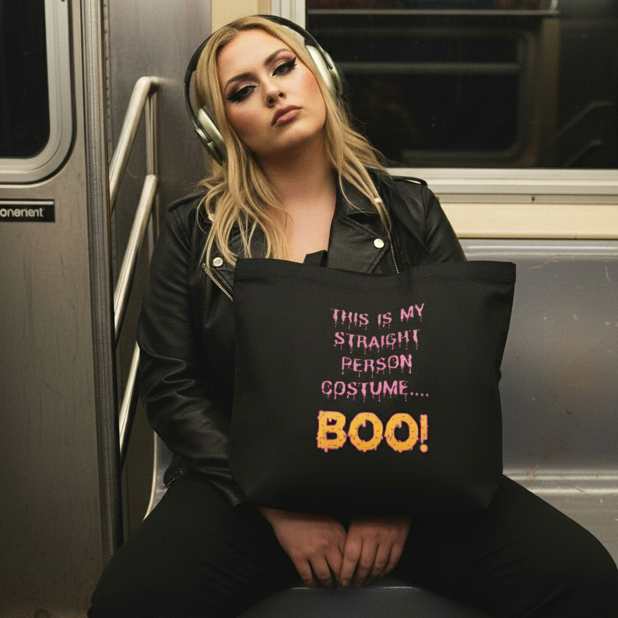 A young adult proudly displays the This Is My Straight Person Costume... BOO! Eco Tote Bag, adorned with vibrant pins and patches, capturing queer self-expression and pride in a subway setting.
