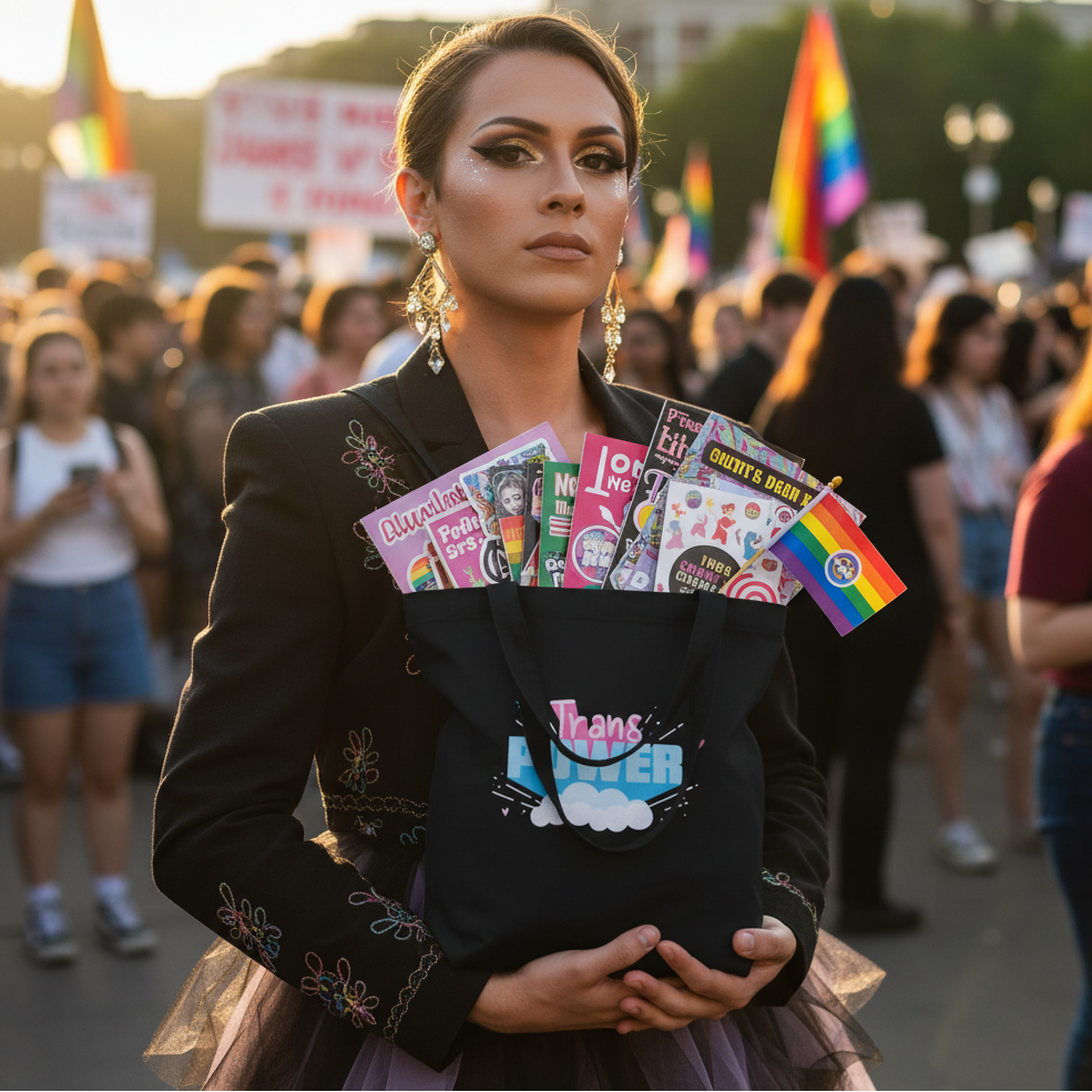 Trans Power Eco Tote Bag held confidently at a pride march, adorned with a rainbow flag and colorful pamphlets, embodying bold queer pride and eco-conscious style.