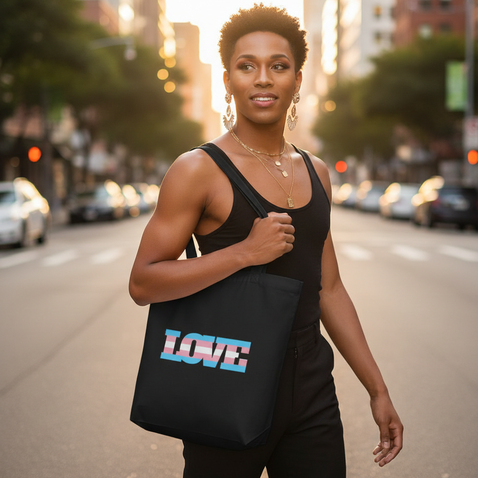 An individual proudly wears a Transgender Love Eco Tote Bag, showcasing LOVE in pastel stripes. This organic cotton tote embodies queer pride, perfect for bold, eco-conscious self-expression and empowerment.