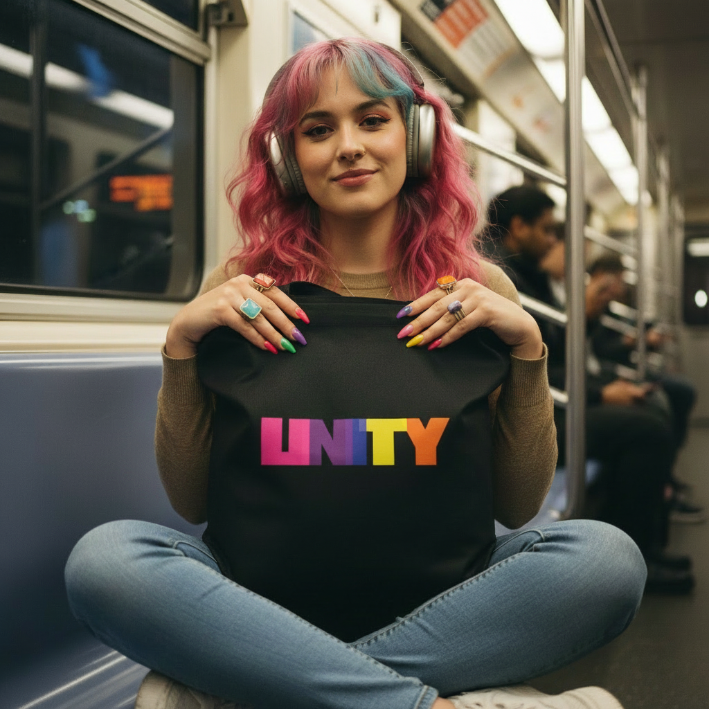 A young person showcases the Unity Eco Tote Bag, featuring rainbow UNITY lettering and LGBTQ-themed enamel pins, on a subway. The organic cotton tote embodies pride, empowerment, and eco-conscious self-expression.