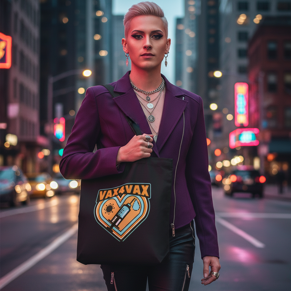 Person showcasing the Vax 4 Vax Eco Tote Bag with a heart emblem, styled in an urban setting. The tote, crafted from organic cotton, embodies eco-conscious pride and queer self-expression.