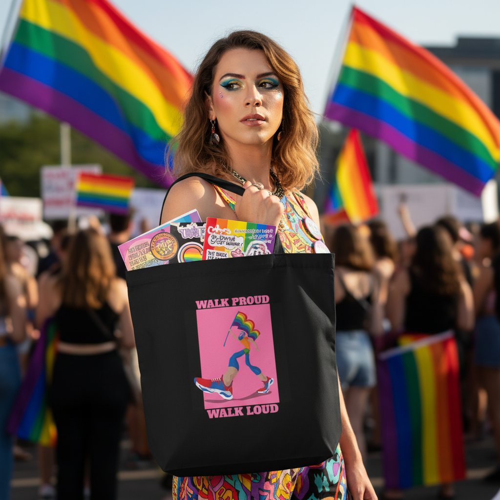 Person at a Pride rally with the Walk Proud Walk Loud Eco Tote Bag, showcasing a dynamic design of a figure with a rainbow flag. The bag is filled with vibrant, pride-themed stickers and flyers.