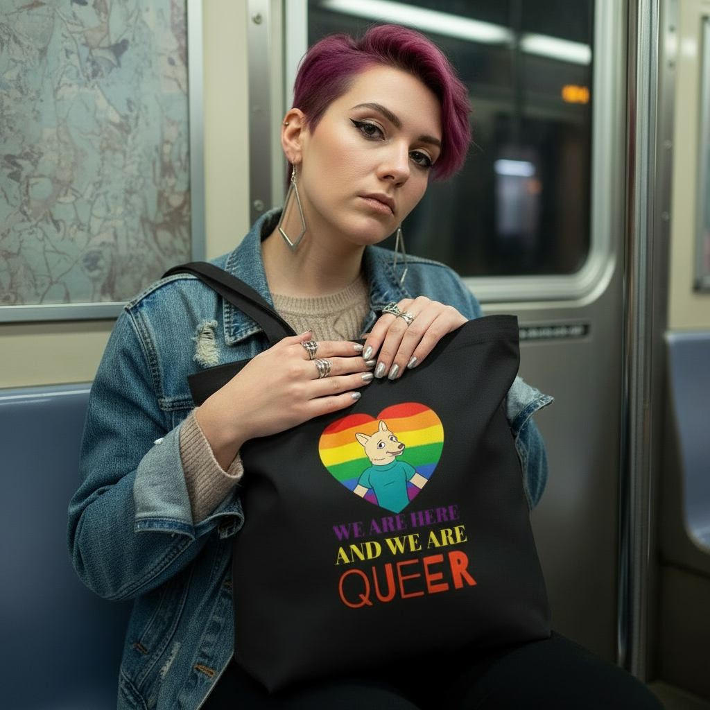 Young person with magenta-tinged hair holds the We Are Here And We Are Queer Eco Tote Bag on a subway. The tote features a rainbow heart, cartoon character, pride buttons, embodying bold, prideful self-expression.