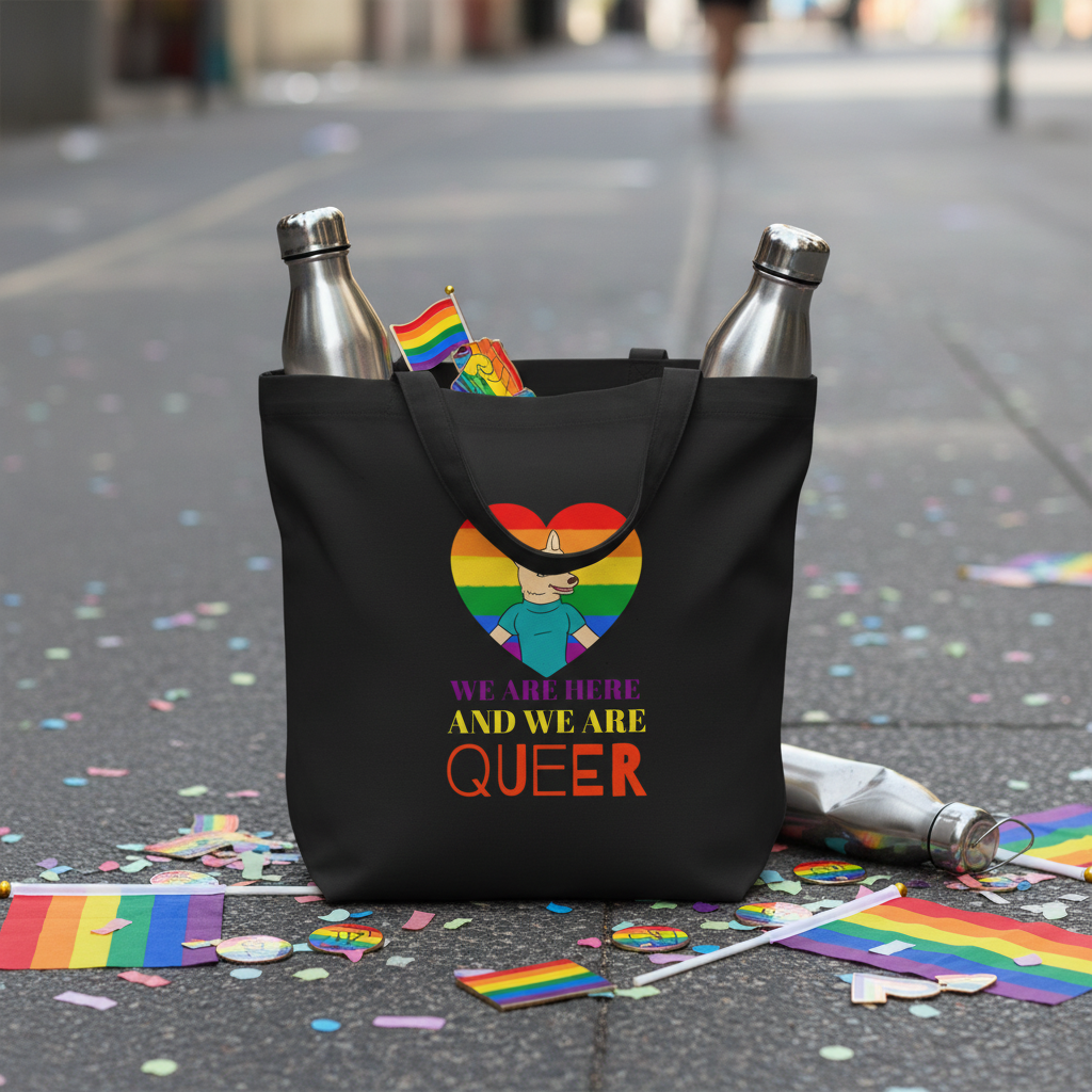 Eco tote bag in black organic cotton with a rainbow heart, pride dog graphic, and “WE ARE HERE AND WE ARE QUEER” slogan.